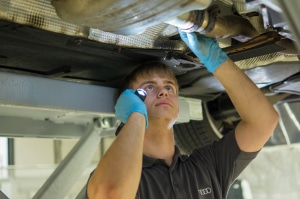 Apprentice vehicle technician checking underneath Audi car