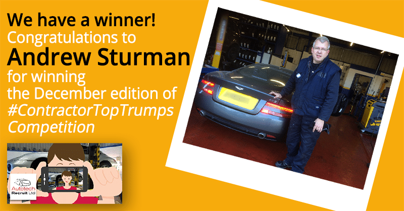 Contractor Top Trumps Monthly Announcement – December Aston Martin in a garage with vehicle technician Andrew Sturman