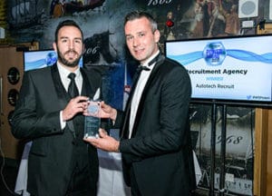 Andrew Sly, Autotech Recruit's Sales Director, accepting Recruitment Agency of the Year at the Workshop Power Awards 2017 on behalf of the whole team