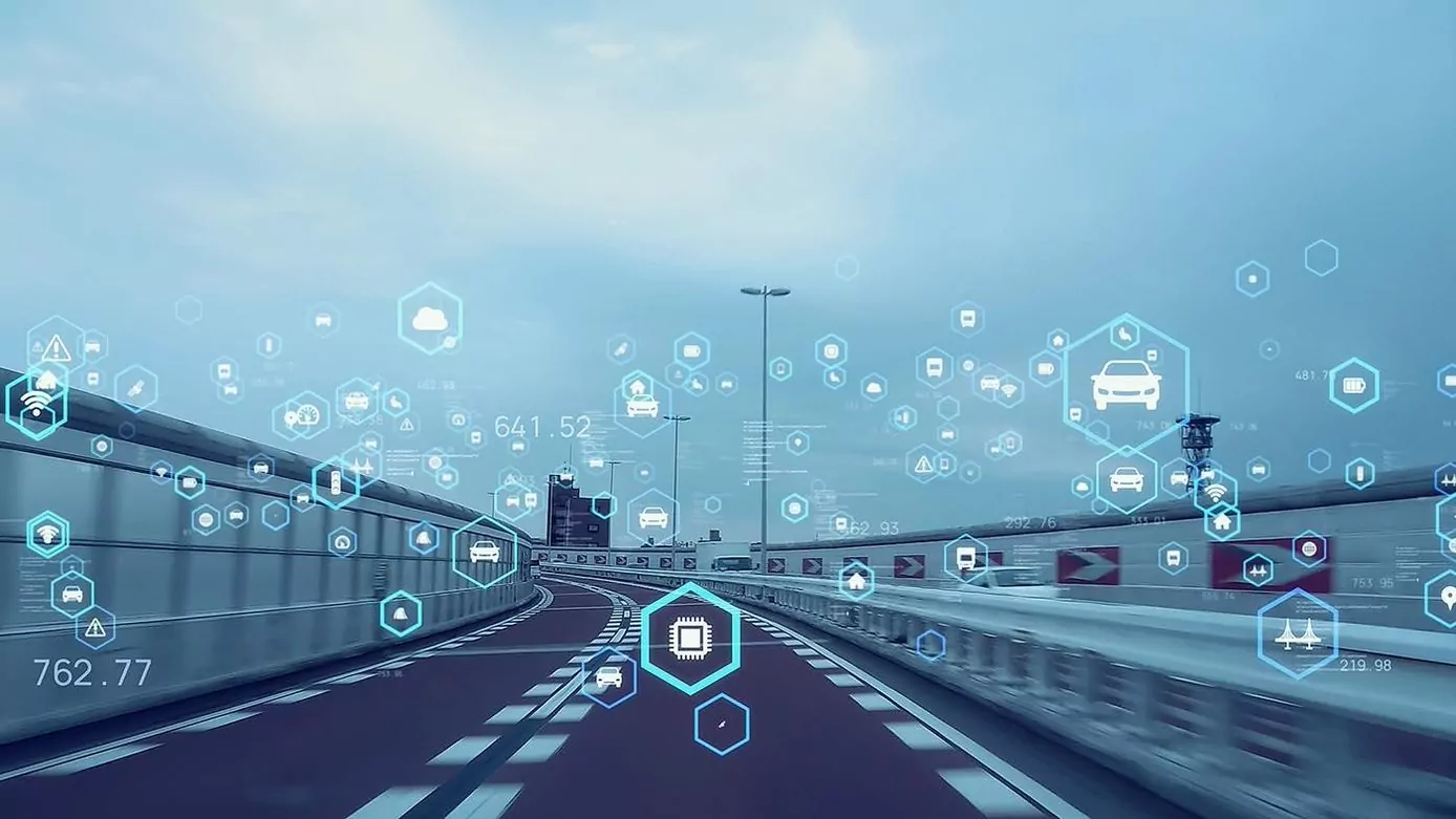 Mock up of a heads up display in a car travelling down a road