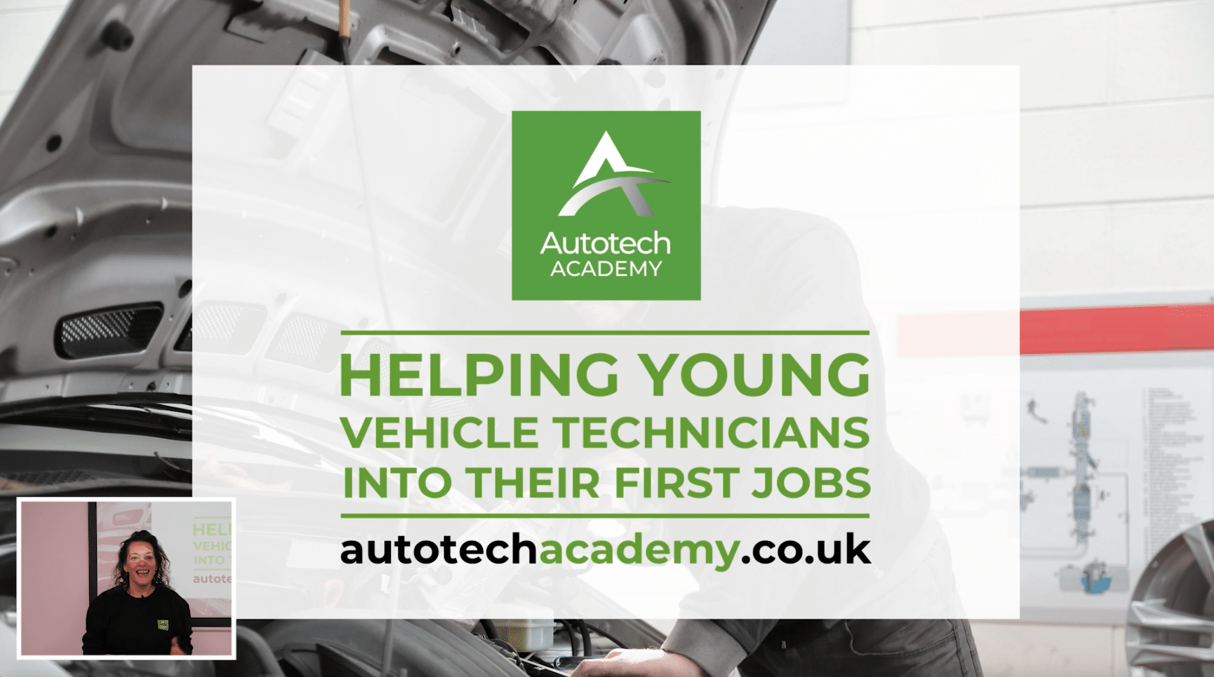 Image used as a video thumbnail showing the Autotech Academy logo with some text saying Helping Young Vehicle Technicians Into Their First Jobs