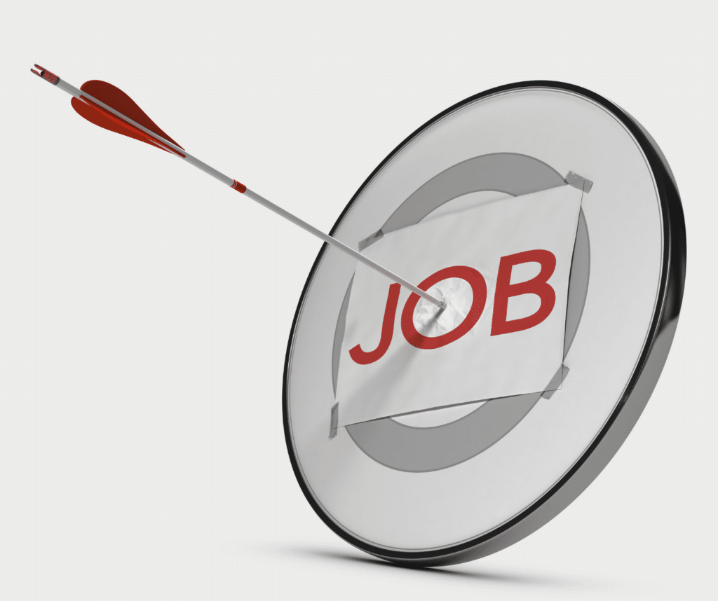 Image of the word job attached to an archery board with an arrow being shot directly through the middle of it