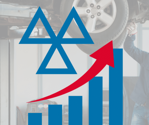 Image showing an MOT station in the back ground with some graphics overlayed to show an increase in revenue using a bar chart