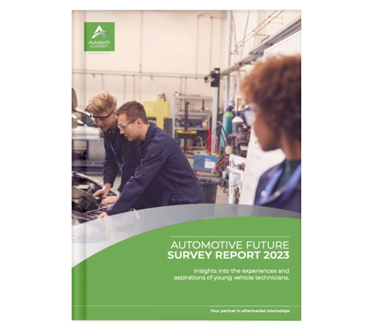 Image of the front cover of the Autotech Academy Automotive Future Survey Report 2023 showing multiple academy students working on or near a vehicle.