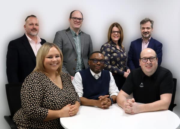 In this photo: the Group Leadership Team, from left to right. In the top row, we have Mark Armitage, CRO; Laurence Abbott, CTO and Managing Director of Autotech Connect; Natalie Hodgson, Marketing Director; and Dominic Hunter, Company Secretary and Group Head of Quality. In the bottom row, from left to right, are Faye Drage, Group Head of People; Justin Ampofo, Finance Director; and Simon King, CEO.