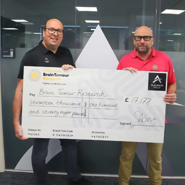 Brain Tumour Research Cheque Handover (Simon King, Autotech Group and  Russell Marriott, Brain Tumour Research)