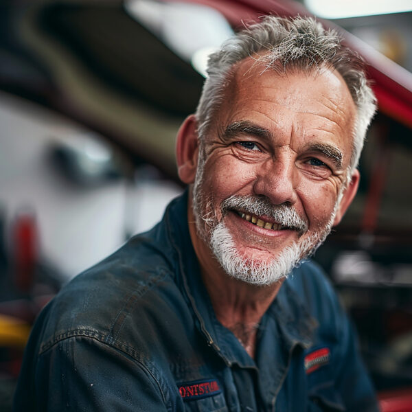 Older vehicle technician smiling